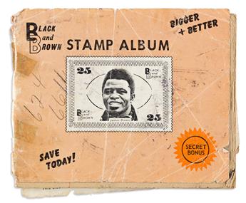(BUSINESS.) Black and Brown Stamp Album, with a promotional flier.